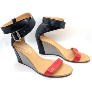 Maison Martin Margiela MM6 Women's Gray / Navy / Red Leather Ankle Strap Wedges